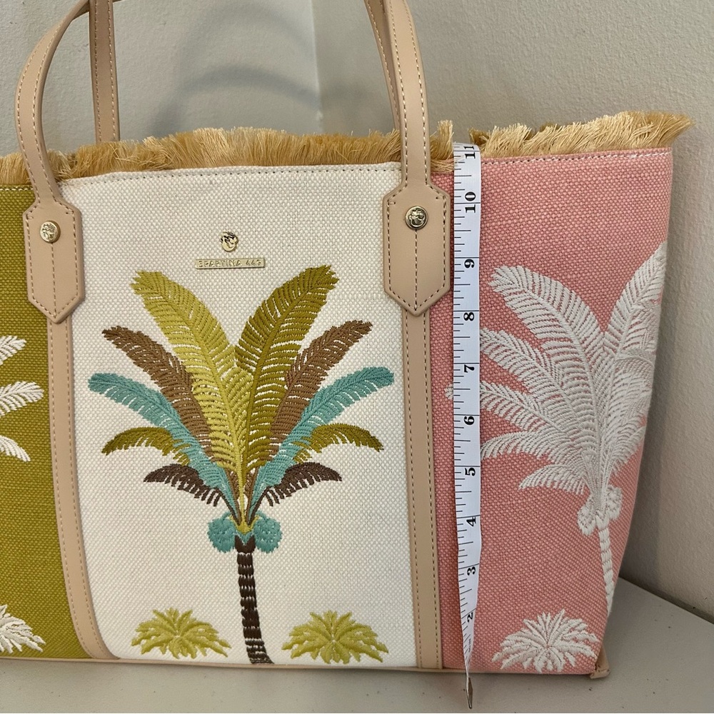 Spartina 449 Palm Tote Bag Embroidered Canvas Leather Trim Fringe Top Coastal - Picture 5 of 11